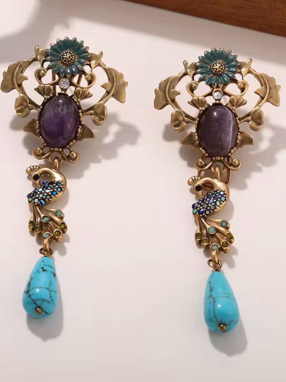 Artisan Turquoise & Amethyst Floral Drop Earrings - Gold Tone